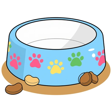 A ceramic dog bowl with a glossy finish in a light blue color. The outside of the bowl features playful pawprint patterns in various sizes, showcasing bright colors like pink, yellow, and green. The interior of the bowl is smooth and white, catching the light beautifully. The bowl sits on a wooden surface, with a few scattered dog treats placed around it for a playful touch.