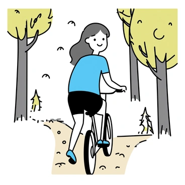 A woman with long hair, wearing a light blue t-shirt and black shorts, is riding a bicycle along a narrow forest trail. She has a smile on her face as she pedals, surrounded by tall, green trees with sunlight filtering through the leaves. The trail is covered in brown dirt and small pebbles, creating a natural path. In the background, a few birds can be seen flying among the branches, adding to the feeling of a vibrant outdoor environment.