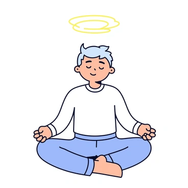 A gentle halo with soft, glowing light hovers above a figure sitting cross-legged in meditation. The figure has a calm expression, with closed eyes and a relaxed posture. The figure is outlined in a simple, minimalistic style, emphasizing tranquility. The background is plain, creating focus on the figure and the halo above.