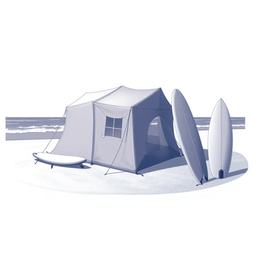 A beach tent with a distinct canopy design is set up on the sandy shore. It features a defined entrance and is anchored with ropes and stakes. Nearby, several surfboards are positioned upright in the sand, showcasing varying sizes and shapes. The shoreline is visible in the background, with gentle waves lapping against the beach. The scene conveys a sunny atmosphere, indicating a bright day at the beach.