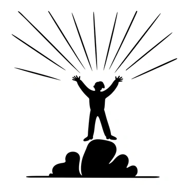 A silhouette of a figure with outstretched arms ascending towards the sky. The figure is surrounded by multiple beams of light radiating outward, creating a sense of upward movement. The background features a gradient of radiating lines that enhance the feeling of elevation and enlightenment. The ground below is depicted with abstract shapes that symbolize a foundation, while the beams of light create a contrasting dynamic in the upper part of the image.