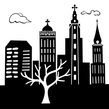 A city skyline at dusk featuring tall buildings with intricate "art nouveau" architectural details. The silhouette of the structures showcases elaborate curves and floral motifs. In the foreground, a tree with sweeping branches adds depth to the composition. The scene captures the transition of light, with fading daylight illuminating the outlines of the buildings against a darkening sky.