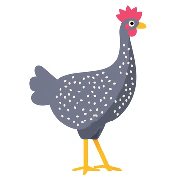 A guinea fowl with a distinctive speckled blue-gray plumage is positioned in the center of the image. Its head showcases unique facial features, including a bright red wattle and a small topknot. The body displays intricate white spots that contrast with the darker feathers. The guinea fowl is set against a plain background that highlights its vibrant colors and intricate patterns.