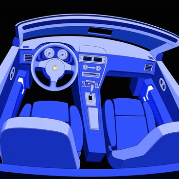 A car interior features illuminated neon lights positioned under the dashboard and beneath the seats. The dashboard is equipped with various gauges and displays, all visible in soft illumination. The seats are upholstered in fine material, with a modern design and contours reflecting the car's sleek interior. The steering wheel is visible, with buttons for controls. The overall atmosphere is enhanced by the ambient glow from the neon lights, creating an inviting and futuristic feel within the vehicle.