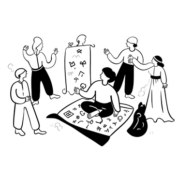 A character sitting cross-legged on the ground, focused intently on an ancient scroll laid out in front of them. The scroll is partially unrolled and covered in intricate symbols and faded script. Surrounding the character are several ghostly figures representing historical figures, each depicted in flowing robes with ethereal details. These figures are positioned in a circular formation around the character, with wisps of smoke indicating their presence. Each ghostly figure is gesturing as if sharing wisdom, with their hands raised or pointing towards the scroll. The overall scene is illuminated by a soft light, enhancing the mystique of the ancient scroll and the ghostly apparitions.