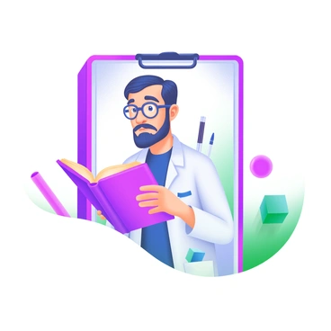 A modern pastel illustration of a carte de visite featuring a scientist with a thoughtful expression. The scientist has glasses perched on the edge of their nose and is holding a thick, open book in one hand. They are wearing a lab coat with a few pens in the pocket. The background includes abstract pastel shapes that add depth without distraction. The border of the carte de visite is elegantly designed with subtle decorative elements.
