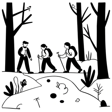 A group of people hiking along a forest trail, with tall trees on either side of the path. The trail is lined with various plants and rocks, while small animals can be seen peeking out from the underbrush. Birds are perched on branches above, and there are fallen leaves scattered on the ground. Some hikers carry backpacks, while others have walking sticks in hand.