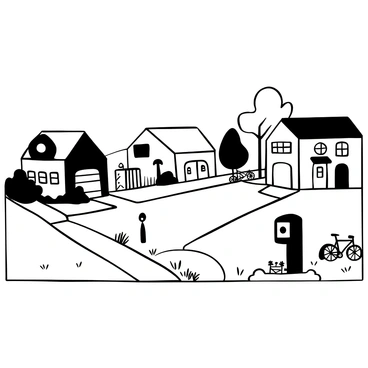 A suburban residential area with neatly lined houses, each with sloped roofs and well-maintained gardens. Concrete sidewalks run alongside each house, connecting to wide driveways that lead to garages. There are trees planted along the streets, providing shade, with grassy lawns in front of each home. Some mailboxes stand at the edge of the driveways, each uniquely styled. A few bicycles are parked on the sidewalks, and a small dog is seen resting in one of the yards.