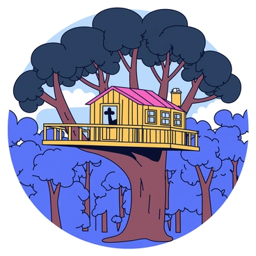 A wooden treehouse built high in a sturdy tree. The structure has a small balcony that juts out, providing a clear view. The surrounding forest is dense, with tall trees and a thick canopy of dark green leaves. Sunlight filters through the branches, casting dappled shadows on the treehouse. In the distance, layers of trees stretch out, creating a sense of depth in the forest. The atmosphere feels peaceful and secluded, with hints of wildlife visible among the foliage.