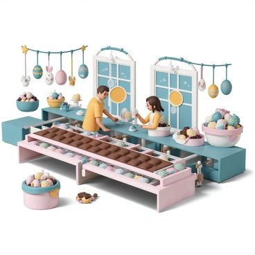 A large, colorful chocolate factory with "Easter" decorations hanging from the ceiling. Conveyor belts are filled with an array of chocolate shapes, including eggs, bunnies, and flowers. Workers in festive outfits are carefully placing decorated chocolates into packaging. Brightly colored baskets filled with chocolate eggs are scattered around, alongside large windows showing a sunny outdoor scene. The factory is filled with the rich, glossy appearance of chocolate, and the atmosphere is busy with the sounds of machinery and laughter.