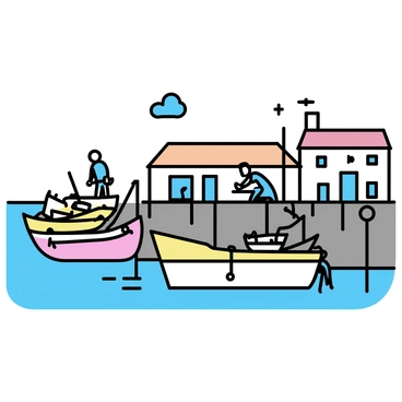 A small fishing village with boats docked by a wooden pier