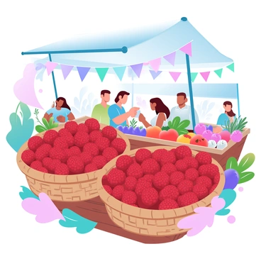A bustling market stall with baskets of fresh raspberries for sale