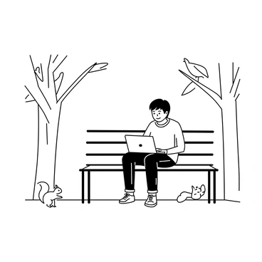 A person sitting on a wooden bench in a park, focused on a laptop in front of them. The individual has short hair and is wearing a casual t-shirt and jeans. There are trees with detailed bark and leaves in the background, and a few birds are perched nearby. A small squirrel is visible on the ground, looking up towards the person. Sunlight casts intricate shadows on the ground, creating a lively atmosphere.