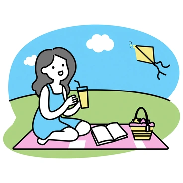 A woman is sitting on a red and white checkered picnic blanket spread out on a green grass field. She has long, wavy brown hair and is wearing a light blue summer dress. In her hands, she holds a glass of lemonade with a straw. The sun is shining brightly in a clear blue sky, and there are a few fluffy white clouds. Next to her on the blanket, there is a wicker basket filled with fruits and a small book lying open. Nearby, a colorful kite is flying in the distance, adding to the cheerful atmosphere of the park.