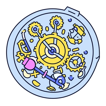 A steampunk-inspired illustration of a lysosome's internal mechanisms. The lysosome is depicted as a rounded container filled with intricate clockwork gears and cogs, all in brass and copper tones. Various small levers and pistons are positioned throughout, with some parts visibly moving, illustrating the biological processes inside. Tiny, glowing lights are embedded within the mechanisms, providing a sense of energy. The outer surface of the lysosome is adorned with detailed rivets and paneling, enhancing its industrial look.