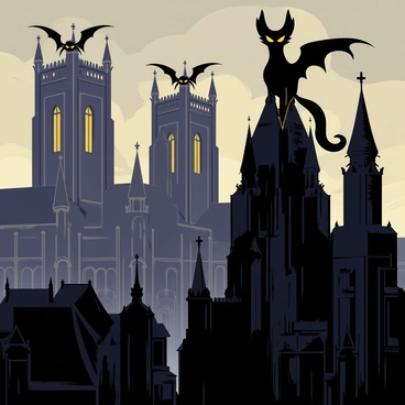 Gargoyles perched atop a gothic cathedral watching over a dark city