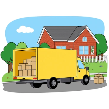 A large yellow moving truck parked on the street in front of a two-story suburban house with a red-brick facade. The truck has an open back, revealing various cardboard boxes and furniture secured with straps inside. The house has a well-manicured lawn with green grass and a few colorful flower beds. There is a white picket fence surrounding the front yard, complementing the charming appearance of the home. A couple of moving boxes are stacked on the sidewalk next to the truck. A bright blue sky is visible overhead with a few fluffy clouds.