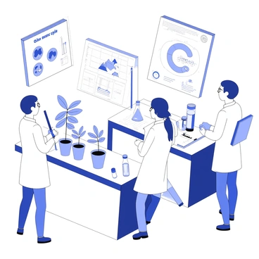 A laboratory setting filled with scientists engaged in research. One scientist is examining a set of potted plants, measuring the height of the leaves with a ruler. Another scientist is recording data on a clipboard, focused on the results displayed on a computer screen. There are glass beakers and test tubes on the counter, filled with different solutions. Additionally, a large poster on the wall illustrates the carbon cycle and its impact on the environment. The room is well-lit, with equipment such as microscopes and chromatography tools visible in the background.