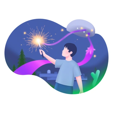 A night scene featuring a person waving a sparkler. The individual is positioned in the center, with their arm extended outward, creating vibrant trails of sparks and light that extend into the darkness. The sparks are bright and colorful, illuminating the surroundings with a warm glow. The person is dressed in casual attire, and their silhouette is visible against the night sky. In the background, there are hints of trees and distant lights, enhancing the atmosphere of the scene.