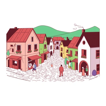 A quaint village scene features cobblestone streets winding through the center. On either side, there are illustrated buildings with charming facades, each painted in unique colors. Some buildings have small balconies adorned with flower pots, while others display colorful awnings above their entrances. A few villagers are seen walking along the streets, engaging in conversation. In the background, there are rolling hills that add depth to the village landscape.