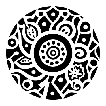 A detailed mandala design composed of intricate, bold shapes arranged in a circular pattern. The mandala features geometric forms, spirals, and flowing lines that create a sense of symmetry and balance. Various tribal motifs are integrated into the design, enhancing the complexity of the mandala. The overall composition is filled with repetitive patterns that draw the eye toward the center of the mandala, while the outer edges are adorned with decorative elements that reflect a connection to nature. The entire illustration is rendered in black and white, highlighting the contrast between the shapes and patterns.