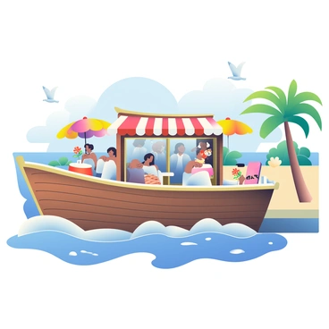 A seafood restaurant constructed inside a large wooden boat is docked by the seaside. The boat features a rustic design with weathered wood and colorful accents. Tables with white tablecloths are set up on the deck, each adorned with a small vase of fresh flowers. Brightly colored umbrellas provide shade for the diners. In the background, gentle waves lap against the boat, and seagulls can be seen soaring in the clear blue sky. The shoreline is dotted with sandy beaches and lush green palm trees.