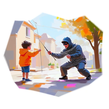 A robber getting caught in a net set by a clever kid while trying to escape.