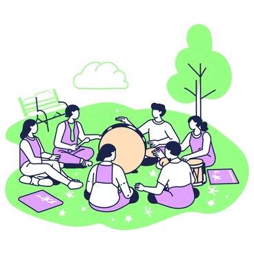 A group of diverse people is sitting in a circle on the grass in a park. Each person has a different type of drum in front of them. In the center of the circle, there is a large, ornate drum that several participants are tapping on simultaneously. The individuals are engaged and focused, with some looking at each other while playing. Nearby, a few trees provide shade, and there are colorful picnic blankets laid out around the group. In the background, there are park benches and a clear sky overhead.