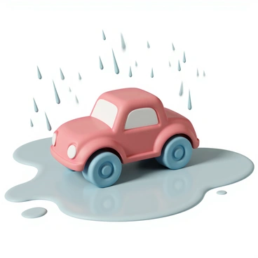 A child's toy car sitting in the rain with raindrops pooling around it.