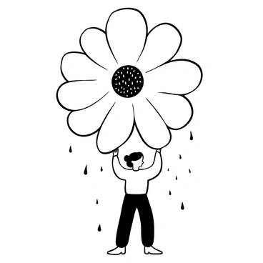 A large daisy with wide, white petals is held above a person, who stands underneath it, sheltered from the rain. The daisy's center is prominent and detailed, with a circular arrangement of fine textures. The person is wearing casual clothing and is positioned in a relaxed stance. Raindrops can be seen falling around them, creating a contrast between the flower and the rain. The scene conveys an unusual and whimsical interaction between the person and the oversized flower.