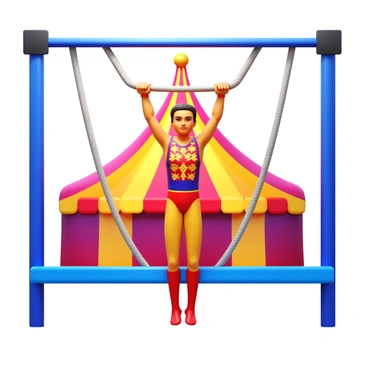 A circus acrobat hanging from a trapeze bar, performing pull-ups to warm up for a show. The acrobat is dressed in a colorful costume featuring bright red and yellow patterns. The setting includes a vibrant circus tent with multicolored stripes visible in the background. Spotlights illuminate the acrobat, highlighting their toned physique and focused expression as they prepare for the performance. The trapeze bar is secured by thick ropes, adding to the dynamic scene of athleticism and excitement.