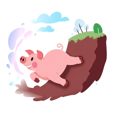 A pig with a pink shiny body is sliding down a steep muddy hill. The pig is in mid-slide, with its legs splayed out and a look of excitement. Mud is spraying in all directions, creating a dynamic scene with droplets flying through the air. The hill is steep and covered in brown mud, with patches of grass peeking out. In the background, there are a few scattered trees and a bright blue sky overhead.