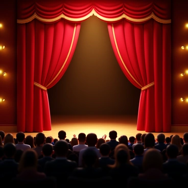 A grand theater curtain in rich red velvet with intricate gold embroidery is slowly descending toward the stage. The curtain is partially drawn, revealing a glimpse of the darkened stage behind it. The theater is filled with dozens of soft, warm lights casting a gentle glow, reflecting off the shiny surface of the curtain. The audience, seen in silhouette, is applauding with enthusiasm, creating a sense of excitement and conclusion.