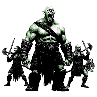 An orc warlord stands at the forefront, his tall and muscular frame covered in battle attire, showcasing scars and armor pieces. He has green skin, tusks protruding from his lower jaw, and fierce, glowing eyes. His mouth is open wide as he emits a powerful battle cry, rallying his troops around him. Behind him, a group of orc warriors prepares for battle, brandishing weapons like axes and swords, their faces showing determination and aggression. The atmosphere is charged with energy, capturing the moment of preparation for an impending conflict.