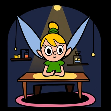 Close-up of Tinker Bell with big eyes, her delicate wings shimmering and glowing brightly. She has short, blonde hair styled in a bun, adorned with a green ribbon. Tinker Bell is sitting on a wooden table surrounded by soft shadows, with a warm light illuminating her from within. The dimly lit room features faint outlines of shelves filled with magical trinkets and soft, glowing orbs hanging from the ceiling.