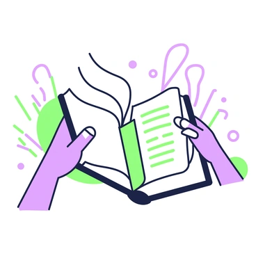 A pair of hands is holding an open book, with the fingers gently gripping the spine. The pages of the book are fluttering slightly as if moved by a light breeze. The book's pages are white and show faint text in a standard font. The background includes hints of nature, with soft outlines suggesting greenery and movement, enhancing the feeling of the light breeze. The hands are positioned at the center of the image, drawing focus to the fluttering pages.