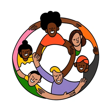 A circle of diverse avatars holding hands, representing a supportive online community. Each avatar has distinct features and ethnicities, including a light-skinned person with straight black hair, a dark-skinned person with curly hair, an Asian person with shoulder-length hair, and a person with a medium skin tone and short red hair. They are all smiling, showcasing a sense of joy and togetherness. The avatars are wearing bright and colorful clothing, and their hands are connected, emphasizing unity. The background is simple, focusing on the circle of avatars.