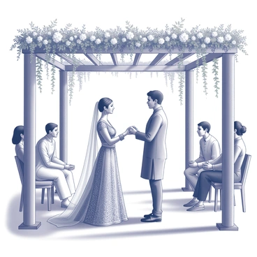 A couple stands facing each other, exchanging vows. They are positioned under a mandap, which is intricately adorned with floral arrangements and decorative draping. The mandap features four wooden pillars that support a canopy, embellished with lush greenery and delicate flowers. In the background, guests are seated on either side, attentively witnessing the ceremony. Natural light filters through the foliage, casting gentle shadows on the ground. The couple is dressed in traditional attire, with the bride in a detailed outfit featuring ornate embroidery and the groom in a complementary ensemble.