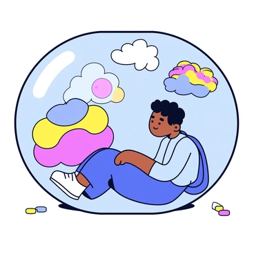 A person inside a transparent protective bubble, sitting comfortably with a curious expression. The bubble is round and slightly reflective, showing glimpses of the chaotic outside world. In the background, there are swirling clouds of vibrant colors and abstract shapes representing disorder. The person wears casual clothing and leans forward, peering out through the bubble's surface with interest. The ground beneath the bubble is simple, with a few scattered objects that indicate movement and chaos beyond.