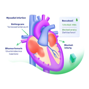 A detailed anatomical diagram of the human heart showcasing the structure of the heart, with clear labels for each part including the atria, ventricles, and major blood vessels. Specific areas affected by "myocardial infarction" are highlighted in red to indicate damage, while the remaining healthy areas are depicted in a contrasting color. The diagram includes arrows pointing to the blocked arteries, and a legend or key in the corner that explains the significance of each highlighted area, using simple terms. The overall composition is clean and organized, ensuring clarity in understanding the heart's anatomy and the impact of a myocardial infarction.