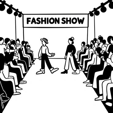 A fashion runway is set with a glossy surface, reflecting the surroundings. On one side, models are showcasing outfits with exaggerated proportions and whimsical patterns, embodying a "cartoon fashion" aesthetic. They wear oversized accessories, such as large hats and exaggerated shoes. On the other side, models present outfits rendered in a detailed "illustration style," featuring intricate patterns and textures. The runway is lined with a captivated audience, some holding cameras, ready to capture the unique styles. A large banner displaying the words "Fashion Show" hangs above the runway, adding to the atmosphere.