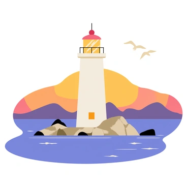 A lighthouse with a tall, white tower stands prominently at the mouth of an estuary. The lighthouse has a red roof and a bright beam of light shining from its top. Surrounding the lighthouse, there are rocky outcrops and gentle waves lapping at the shore. The sky is painted in shades of purple and orange, indicating twilight. Silhouettes of distant mountains can be seen in the background, and a few seagulls are flying above the lighthouse. The scene conveys a sense of calm and tranquility as the day transitions to night.