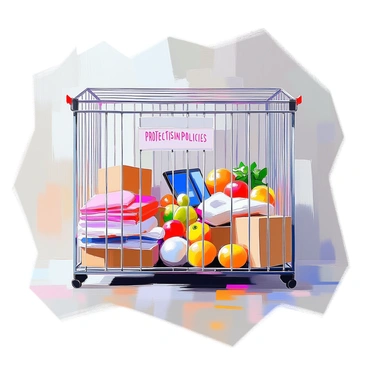 A cage filled with various imported goods, including colorful textiles, electronics, and exotic fruits. The cage is constructed of sturdy metal bars, which are labeled with the words "Protectionist Policies" in bold letters. The goods are densely packed inside, some items partially spilling out, creating a vibrant yet confined scene. The background is a simple surface that emphasizes the cage and its contents.