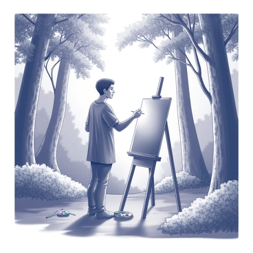 An artist is standing in a lush forest, surrounded by tall trees with dense foliage. The artist is focused on a canvas mounted on an easel, capturing the vibrant scenery. The easel is positioned on the ground, with paintbrushes and a palette resting nearby. Sunlight filters through the branches, creating dappled patterns on the forest floor. The artist is wearing a smock and appears deeply engaged in their work, with a concentration on their face as they apply paint to the canvas.