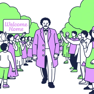 Frederick Douglass is walking through a welcoming crowd in his hometown. He has a strong presence with a dignified expression, wearing a formal coat and bow tie. Around him, people of various ages and backgrounds are joyously standing. Some are waving their hands in greeting, while others are holding banners with the words "Welcome Home" prominently displayed. Children are playing at the edges of the crowd, and there are trees lining the street in the background. The atmosphere is filled with excitement as people gather to celebrate his return.