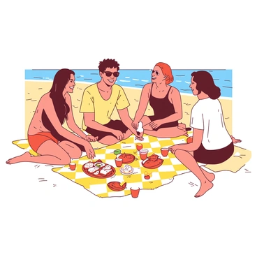A group of five people is sitting on a yellow and white checkered picnic blanket on a sunny beach. There is a colorful spread of snacks, including sandwich halves and bowls of fruit, placed in the center of the blanket. In front of the group, there are several drinks in bright orange cups. Two people are laughing while holding sunglasses, one is pouring lemonade into a cup, and another is reaching for a snack. The beach has soft golden sand with gentle waves lapping at the shore in the background.