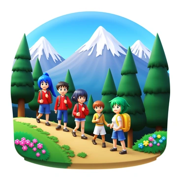 A group of anime characters hiking up a mountain trail. The characters are diverse in appearance, with each showcasing unique hair colors and clothing styles. One character has long blue hair and wears a bright red jacket, while another has short green hair and sports a yellow backpack. The trail is surrounded by trees and vibrant wildflowers. In the background, majestic mountains rise with snow-capped peaks under a clear blue sky. The characters are smiling and engaged in conversation as they ascend the trail.