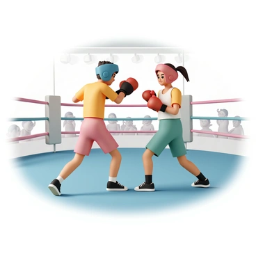 Two amateur boxers are sparring in a training ring. The first boxer, a young man with short black hair, is wearing a blue headgear and red gloves. He is throwing a left jab towards his opponent. The second boxer, a young woman with long brown hair tied back, is wearing a red headgear and black gloves. She is in a defensive stance, with her arms up, ready to evade the punch. The training ring is surrounded by bright overhead lights, and the floor is covered with blue mats. There are a few spectators in the background, focused on the sparring match.