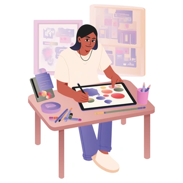 A user sitting at a table, interacting with a tablet displaying an illustration platform. The user has medium skin and short black hair, wearing a white t-shirt and blue jeans. The tablet screen shows multiple colors being applied to a digital canvas, with bright splashes of red, blue, green, and yellow. The user is using a stylus to experiment with color combinations. There are art supplies, like colored markers and pencils, scattered around the table. A vibrant abstract illustration can be seen on the tablet, showcasing various shapes and patterns. The background features a cozy room with shelves filled with books and art materials.