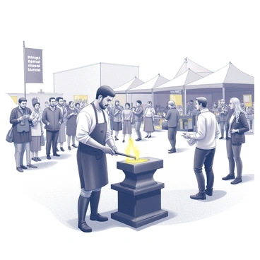 A vibrant cultural festival taking place in an open area. A blacksmith, wearing a leather apron and protective gloves, stands at an anvil, skillfully hammering a glowing piece of metal. Visitors of various ages are gathered around, watching intently. Some are taking photographs while others are engaged in conversation, pointing at the blacksmith's craftsmanship. Colorful banners and tents surround the area, indicating different cultural displays and activities. In the background, there are stalls selling traditional crafts and food, adding to the lively atmosphere of the festival.